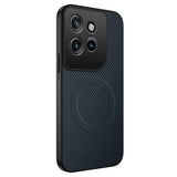 Dark blue carbon fiber patterned phone case with a black camera module area.