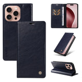A dark blue leather wallet phone case with multiple viewing angles and card/cash slots.