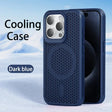 Dark blue smartphone case with a perforated cooling design and camera cutouts.