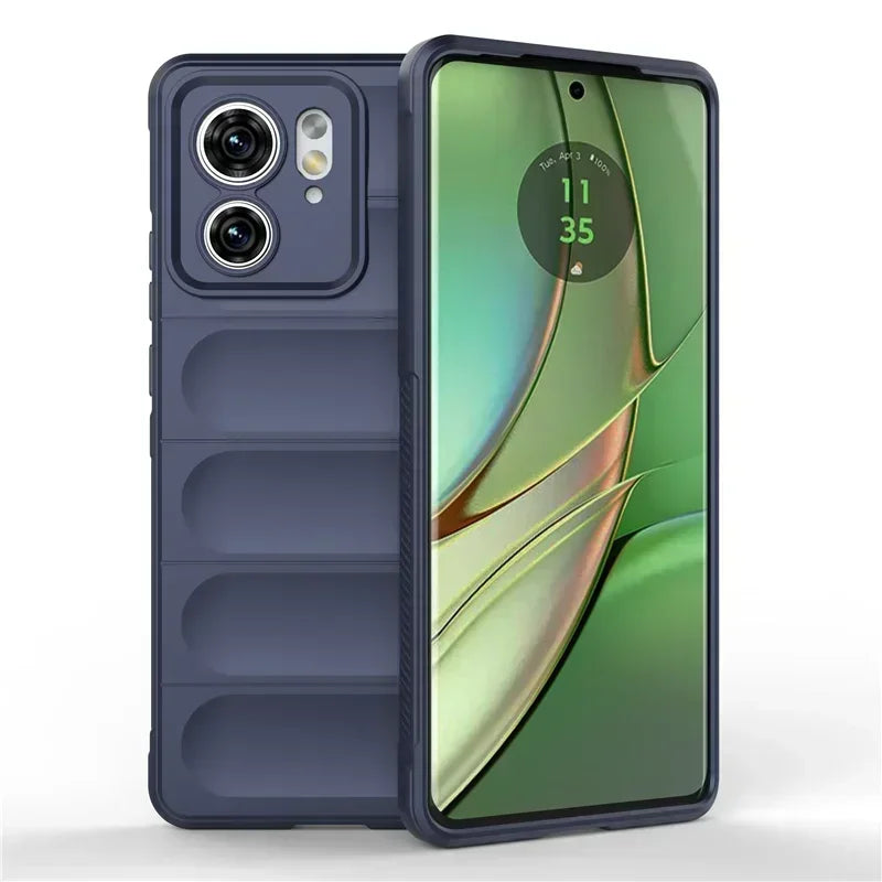 A dark blue smartphone in a protective case with a dual-camera setup and a display showing the time and date.