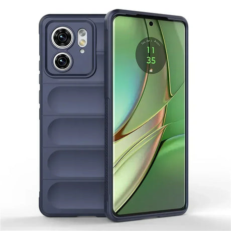 A dark blue smartphone in a protective case with a dual-camera setup and a display showing the time and date.