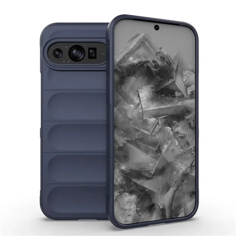 A dark blue smartphone with a textured case and a display showing abstract geometric shapes.