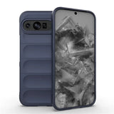 A dark blue smartphone with a textured case and a display showing abstract geometric shapes.