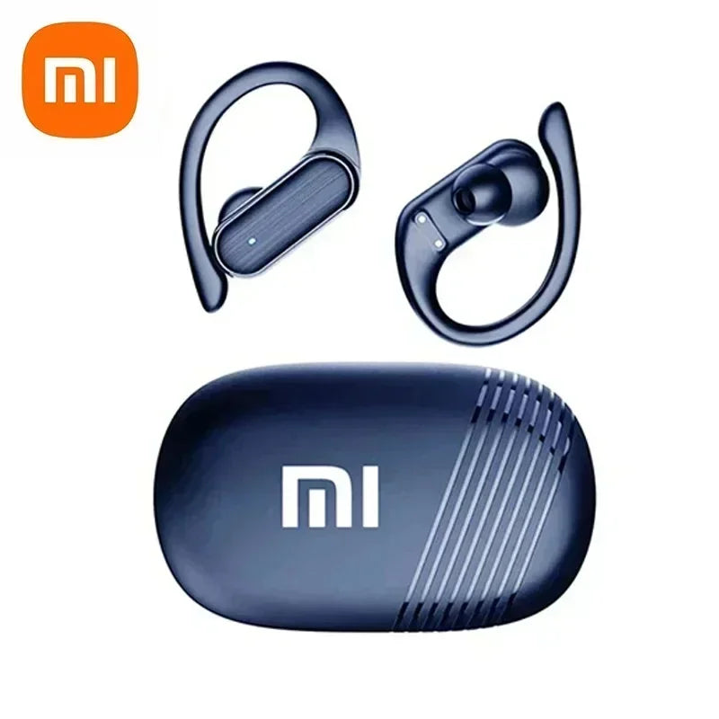 Dark blue wireless earbuds with ear hooks and charging case.