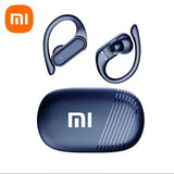 Dark blue wireless earbuds with ear hooks and charging case.