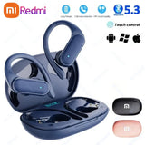 Dark blue wireless earbuds with ear hooks and charging case.