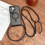 A dark gray phone case with a magnetic ring and a black and white patterned lanyard.