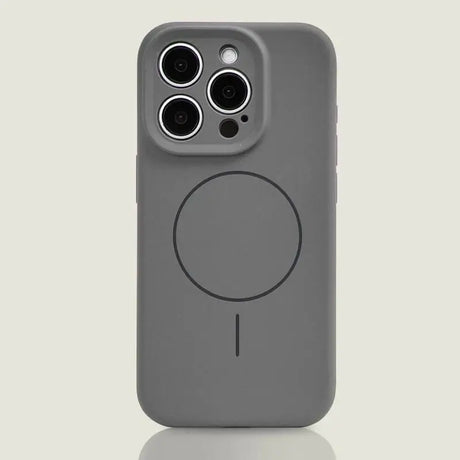 A dark gray silicone phone case with a camera cutout and a circular magnetic charging ring.