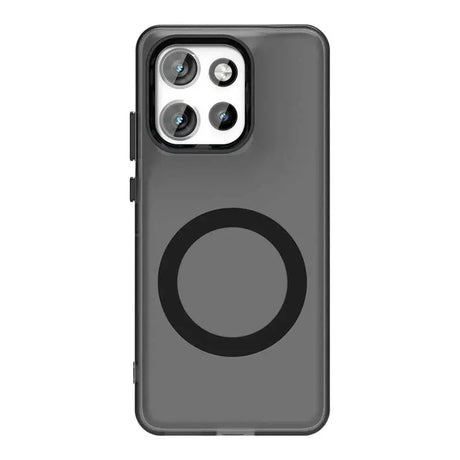 A dark gray smartphone case with a prominent camera cutout for four lenses and a circular magnetic ring on the back.