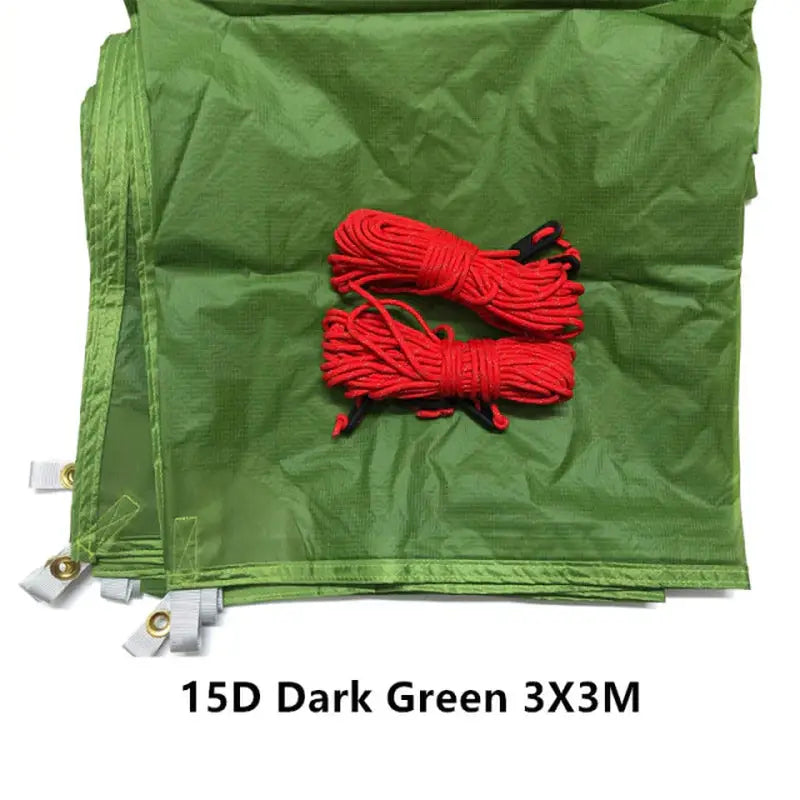 a green bag with red cords on it