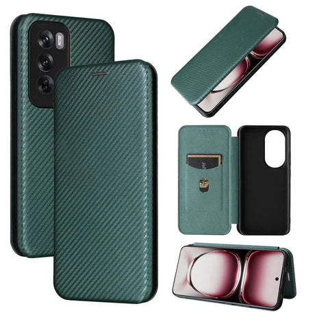 Dark green carbon fiber texture flip phone case with card slot and kickstand function.