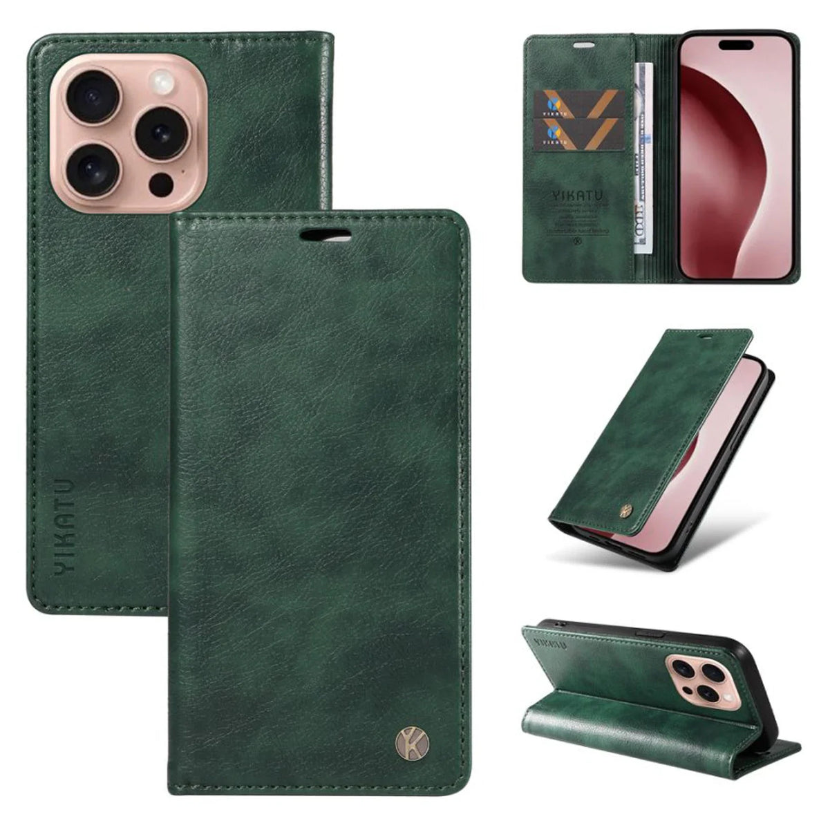 Dark green leather-look wallet phone case for an iPhone.