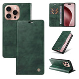 Dark green leather-look wallet phone case for an iPhone.