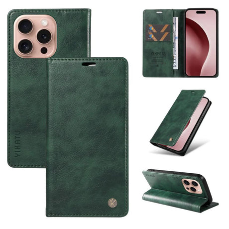 Dark green leather-look wallet phone case for an iPhone.
