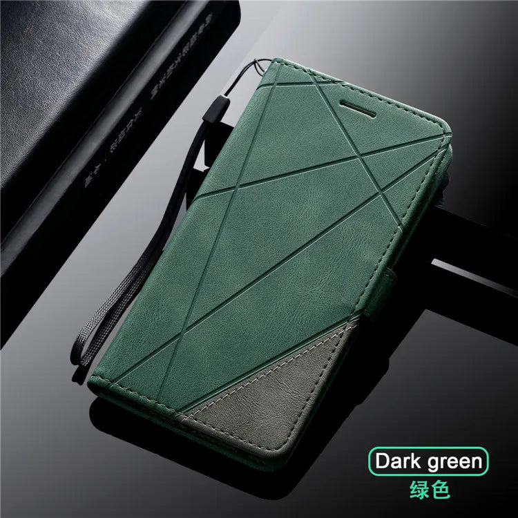 Dark green leather phone case with geometric stitching and a gray accent.