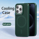 Dark green perforated phone case with a cooling design for an iPhone.