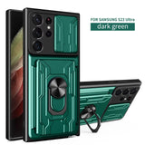 Dark green protective case with a ring holder for the Samsung S23 Ultra smartphone.