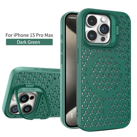 Dark green protective case for iPhone 15 Pro Max with a perforated pattern design.