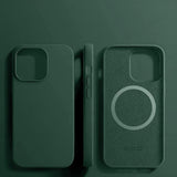 Dark green silicone iPhone case with MagSafe.