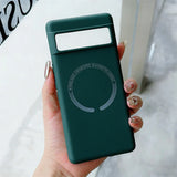 Dark green smartphone case with a circular logo design.