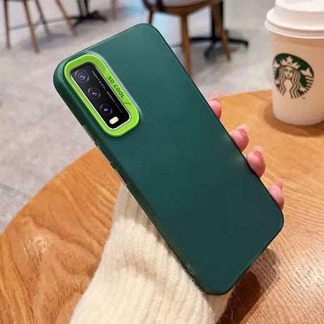 Dark green smartphone case with a bright green camera module accent.