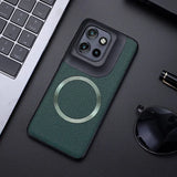A dark green, textured phone case with a black camera module and a silver magnetic ring.