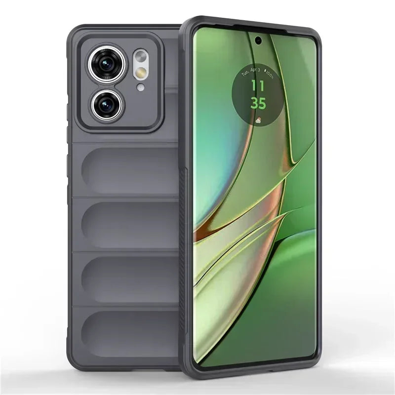A dark grey protective phone case with a raised camera cutout and horizontal ridges, designed for a smartphone with a punch-hole display.