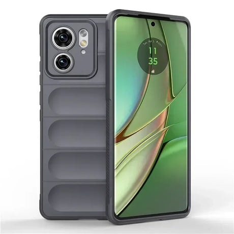 A dark grey protective phone case with a raised camera cutout and horizontal ridges, designed for a smartphone with a punch-hole display.