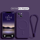 Dark purple iPhone with a matching MagSafe case and strap.