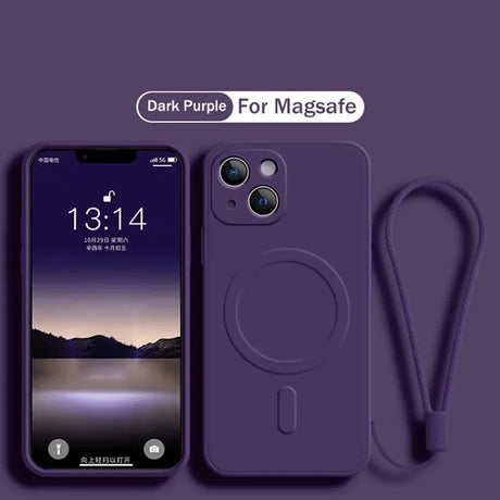 Dark purple iPhone with a matching MagSafe case and strap.