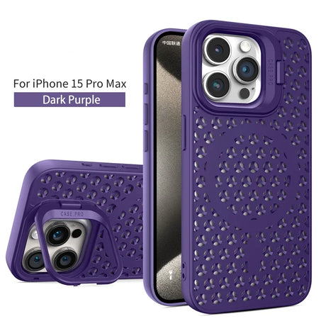 Dark purple protective case for iPhone 15 Pro Max with a perforated pattern design.