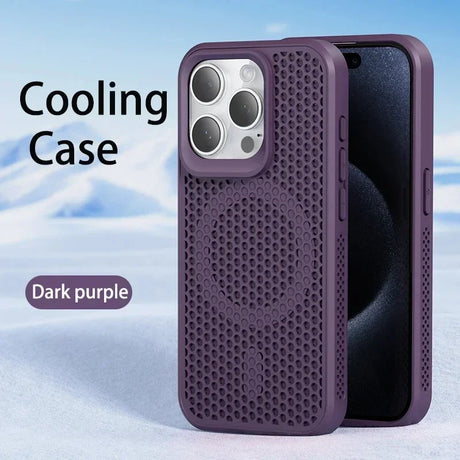 Dark purple smartphone case with a perforated cooling design and camera cutout.