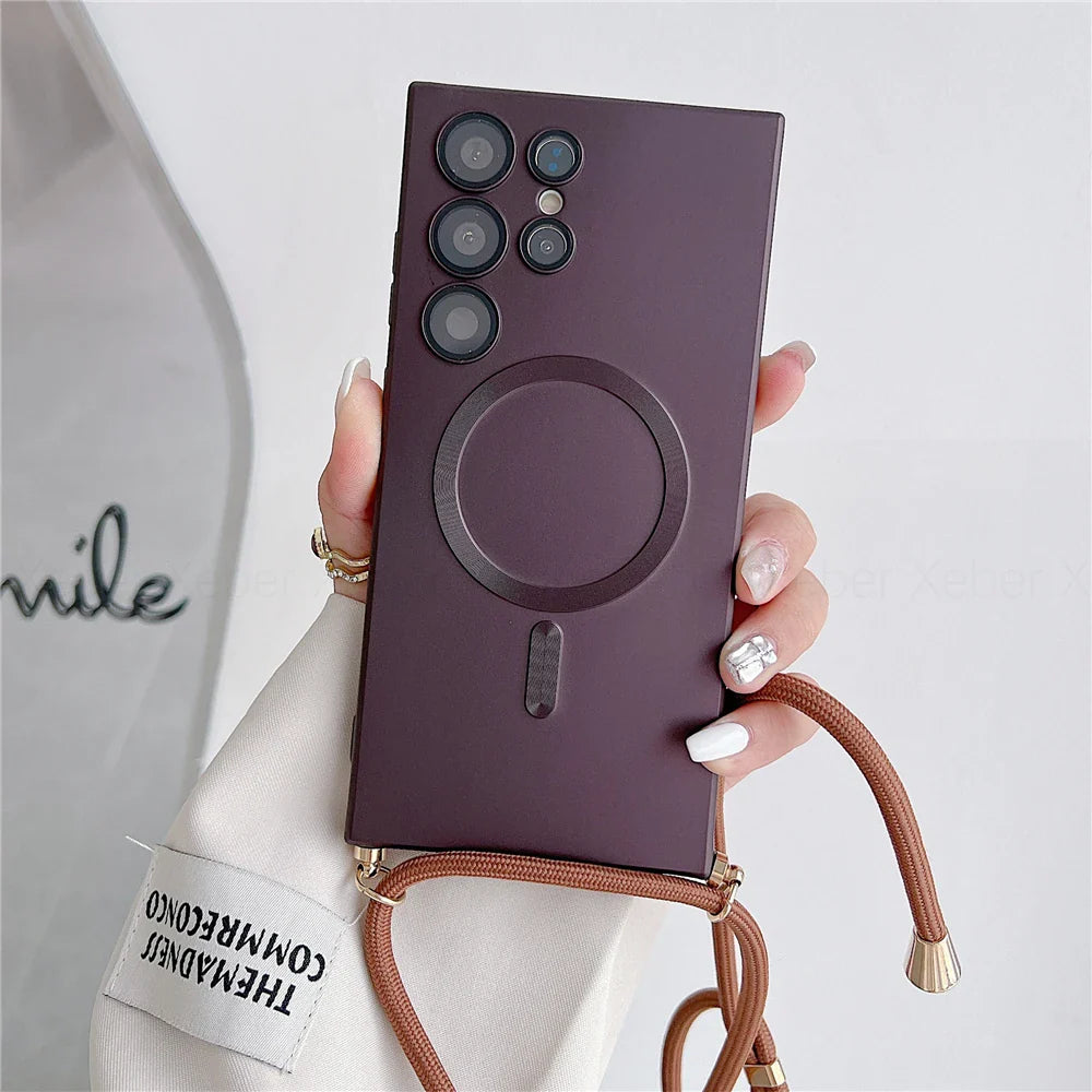 A dark purple smartphone case with a built-in magnetic ring and a brown crossbody strap.