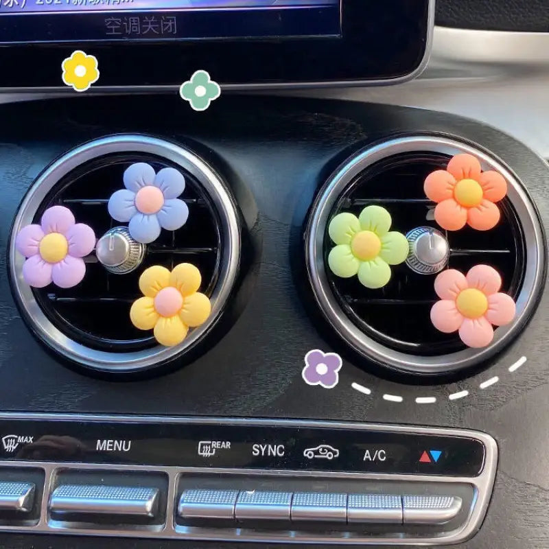 a car dashboard with a bunch of colorful balloons