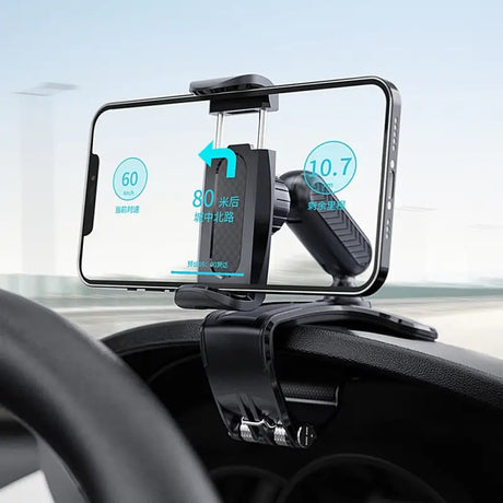 a car dashboard with a phone in the center