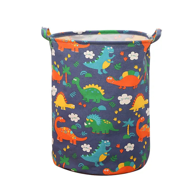 a blue dinosaur print laundry ham with a green handle