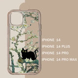 Decorative iPhone case featuring a black cat sitting on a flowering tree branch.