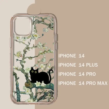 Decorative iPhone case featuring a black cat sitting on a flowering tree branch.