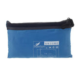 a blue bag with a zipper and a white label