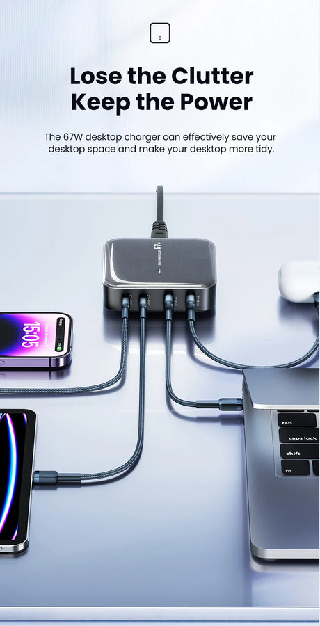 Desktop charger with multiple ports connected to various devices.