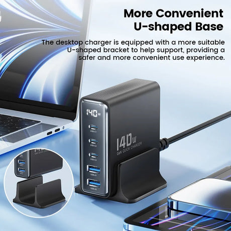 Desktop charger with multiple USB ports and a U-shaped base for stability.