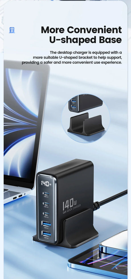 Desktop charger with multiple USB ports and a digital display, featuring a U-shaped base for stability.