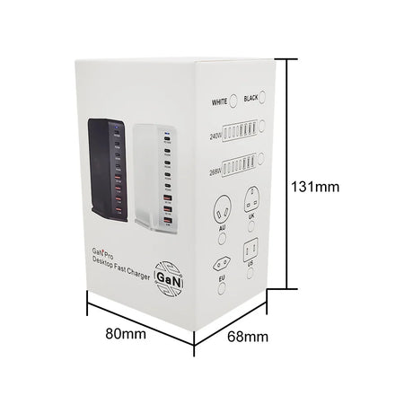 Desktop fast charger with multiple USB ports available in white and black colors.