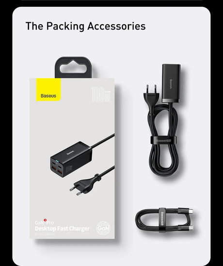 Desktop fast charger with packaging and accompanying cables.