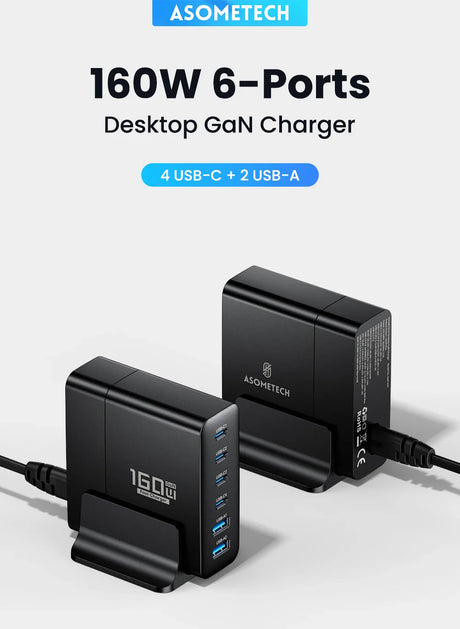 Desktop GaN charger with 160W power output and 6 ports, including 4 USB-C and 2 USB-A ports.