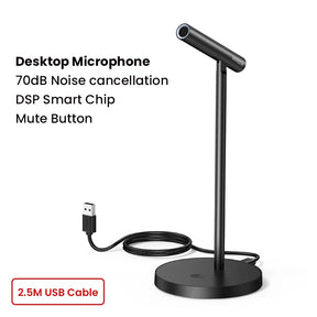 Desktop microphone with a tall stand, circular base, and USB cable.