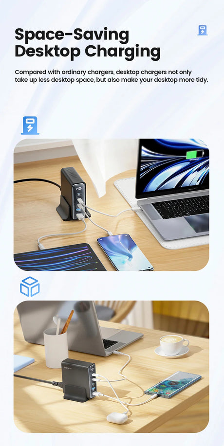 Desktop charging station with multiple ports for connecting various devices.