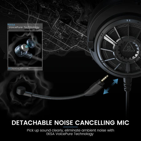 Detachable noise-cancelling microphone for gaming or communication headsets.