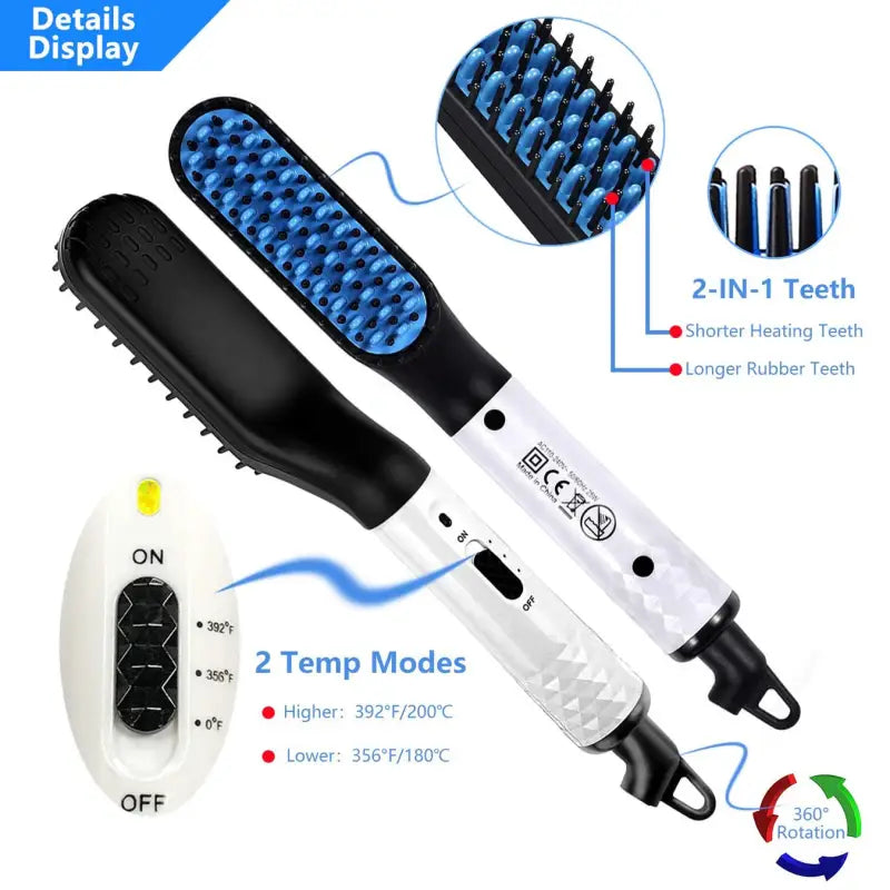 a hair straightener with a blue and white hair brush