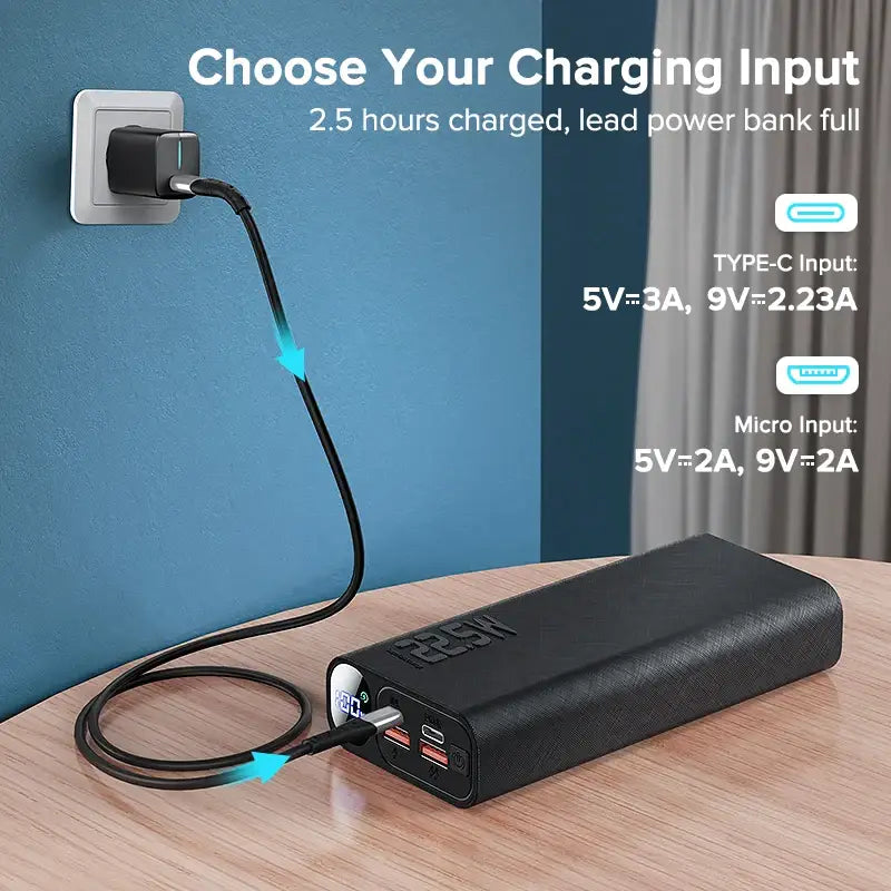 a charging device on a table with a blue wall behind it